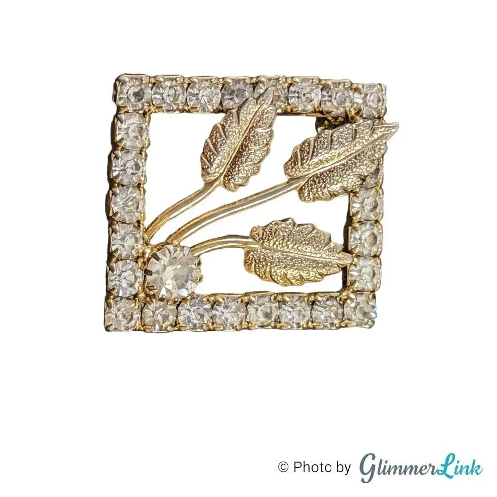 Vintage Rectangle Leaf Rhinestone Openwork Gold Tone Brooch Pin